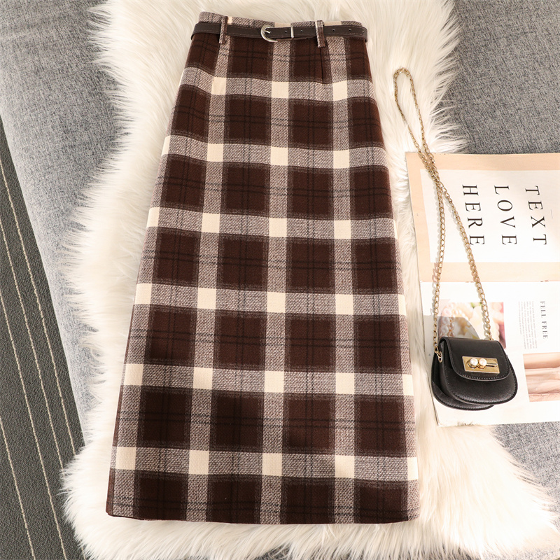 Autumn and winter woolen A-line long dress split plaid skirt