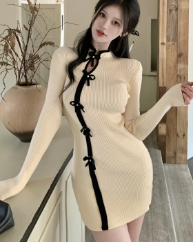 Retro knitted dress package hip slim cheongsam