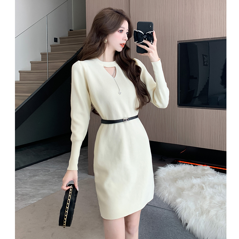 Knitted half high collar sweater dress France style dress