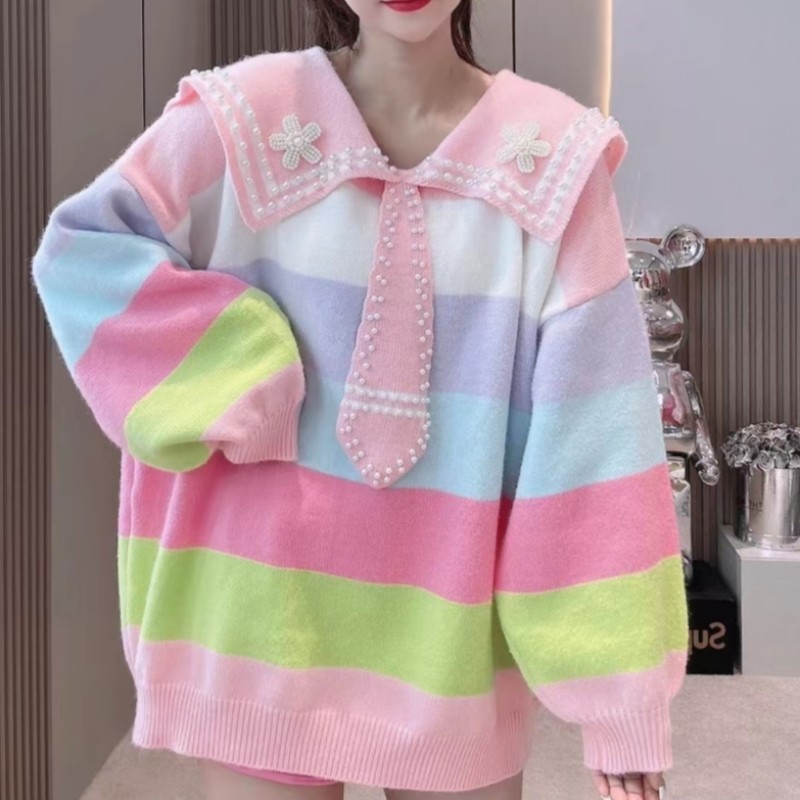 Knitted lazy Korean style navy flowers beading sweater