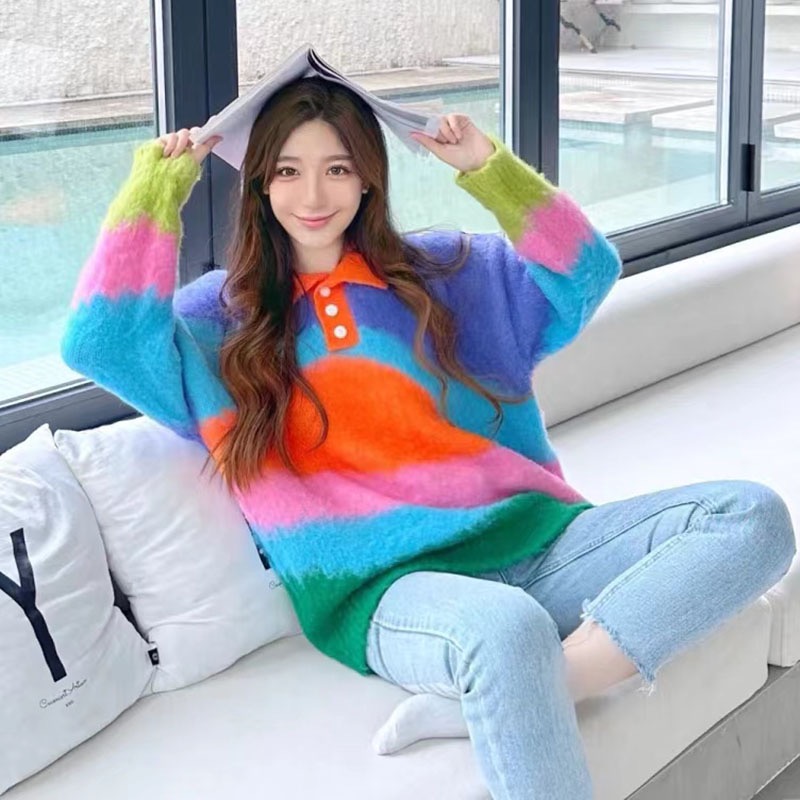 Long lazy loose knitted tops colors autumn lapel sweater