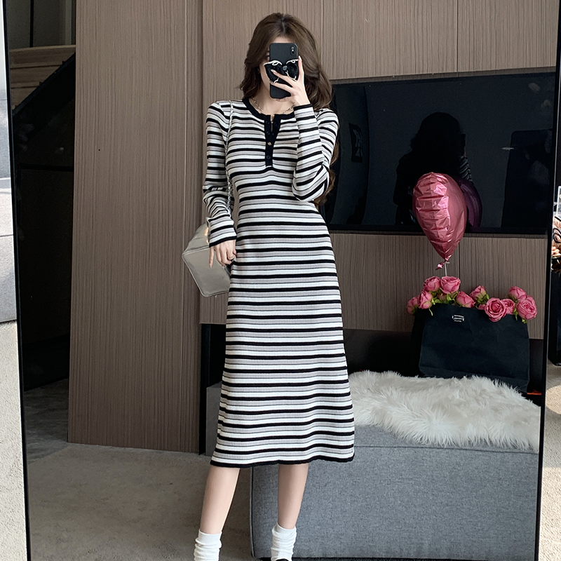 Fashion lazy dress stripe slim long dress for women