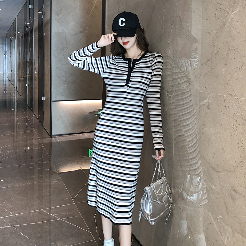 Fashion lazy dress stripe slim long dress for women