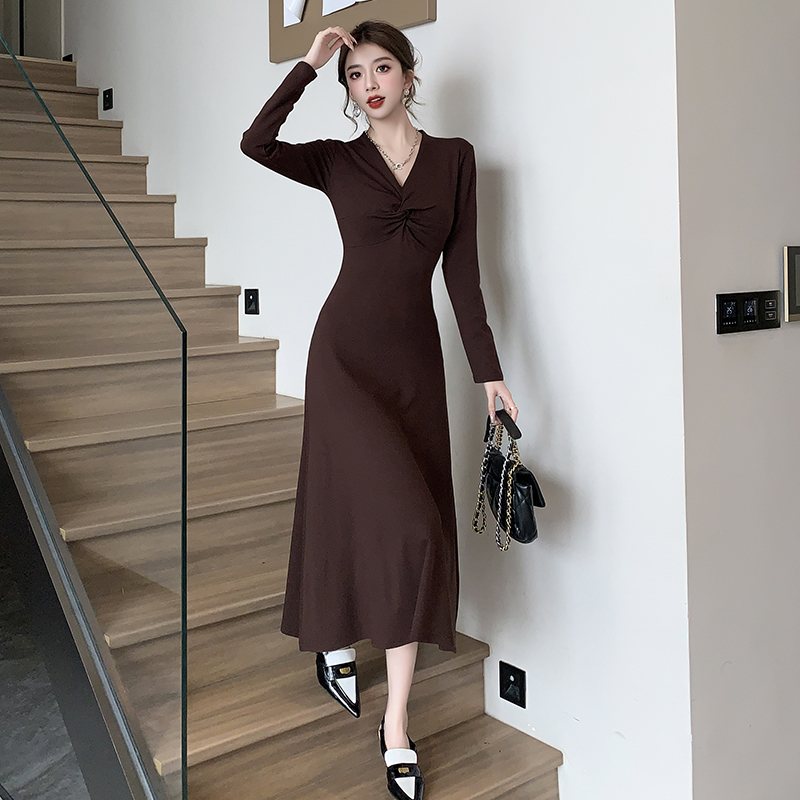 Sueding V-neck dress autumn and winter long dress for women