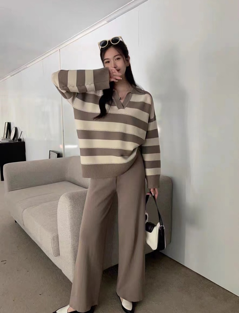 Knitted lapel lazy loose retro sweater a set for women