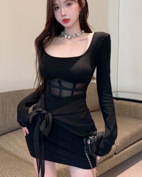 All-match spicegirl Cover belly gauze black dress for women