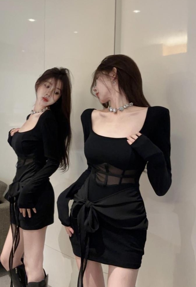 All-match spicegirl Cover belly gauze black dress for women