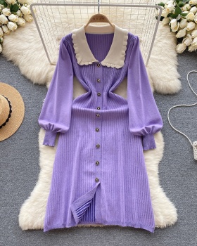 Lapel knitted long dress France style dress for women