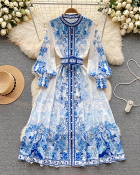 Printing niche pinched waist dress for women