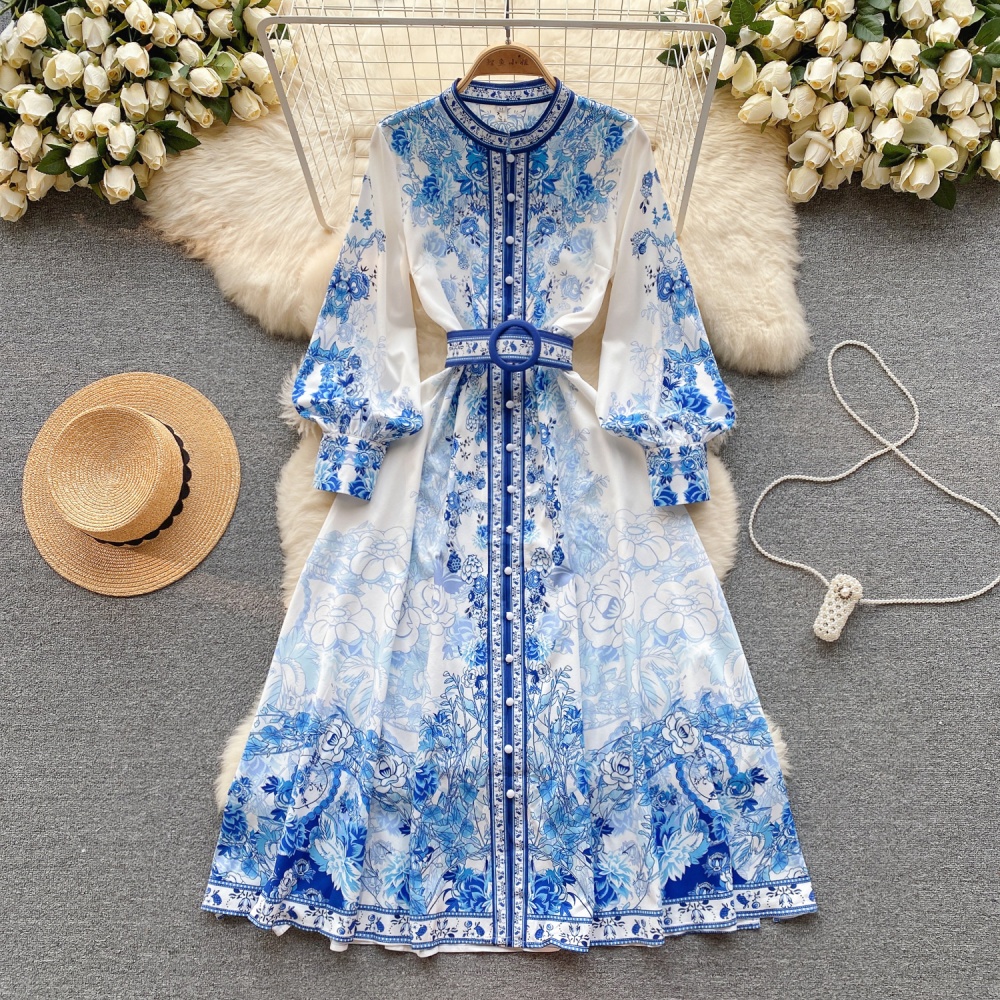 Printing niche pinched waist dress for women