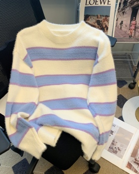 Stripe lazy sweater imitation of mink hair tops for women