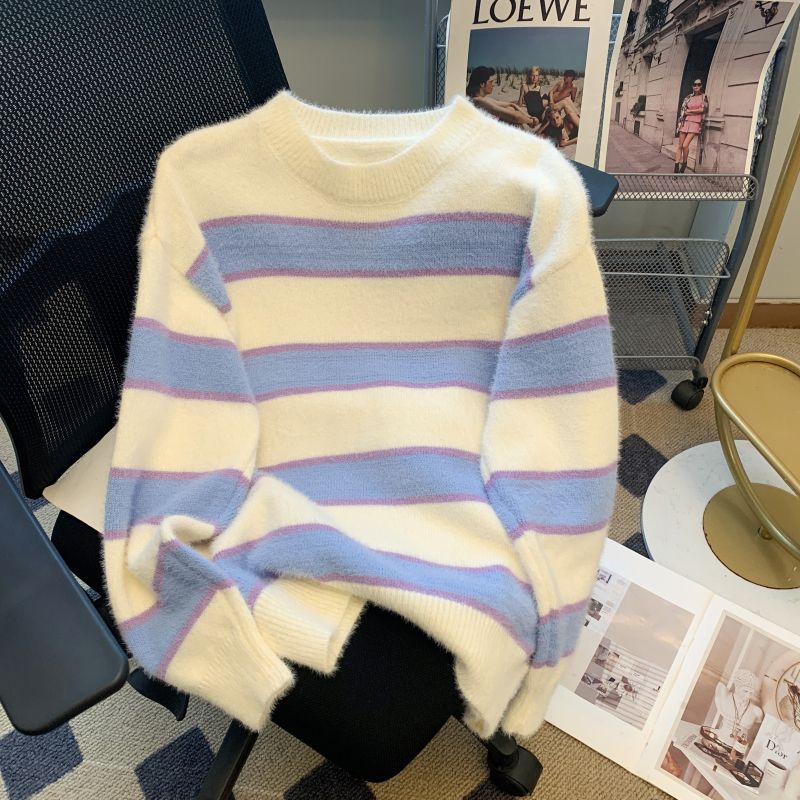 Stripe lazy sweater imitation of mink hair tops for women