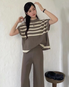 Simple stripe knitted wide leg pants slim niche waistcoat