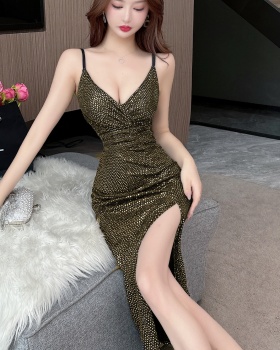 Light luxury gold sling niche sexy glitter evening dress
