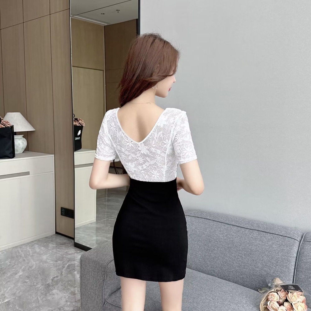 Package hip Pseudo-two T-back spring dress for women