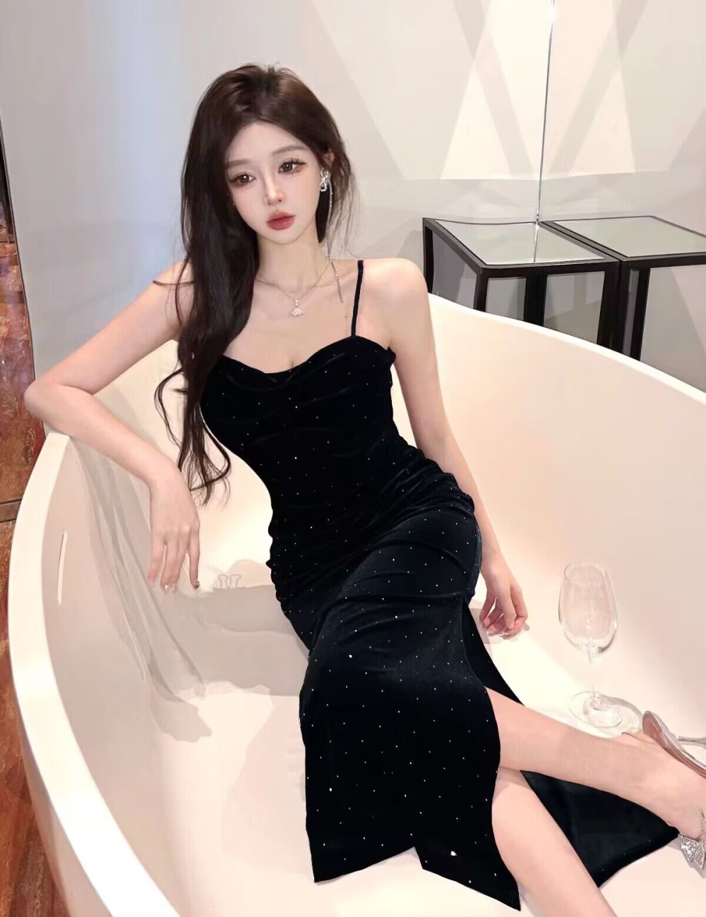 Sexy chanelstyle velvet starry pinched waist sling dress