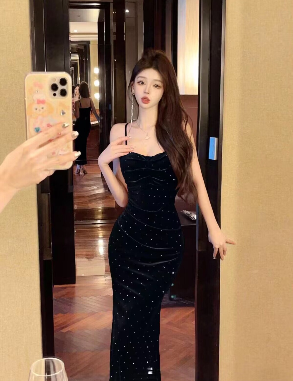 Sexy chanelstyle velvet starry pinched waist sling dress