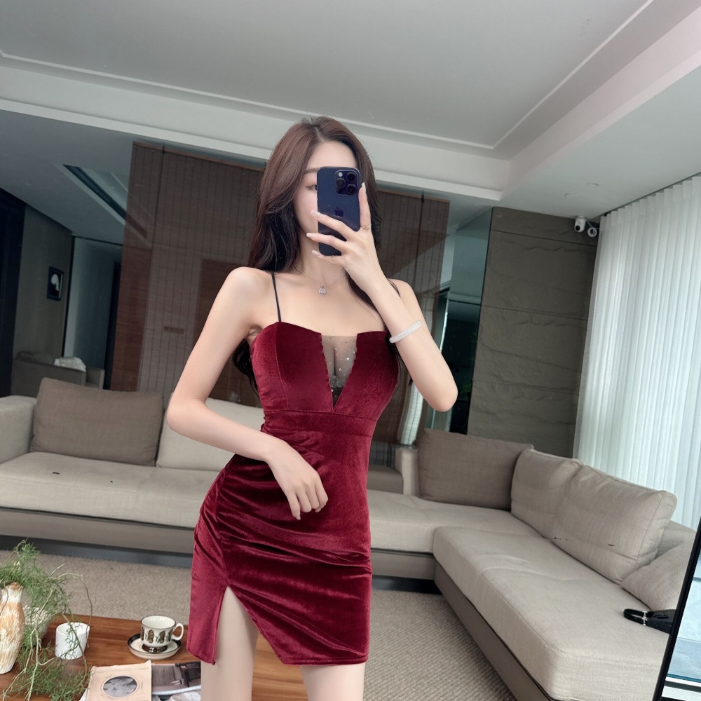 Slit sexy sling tight low-cut bottoming strap dress