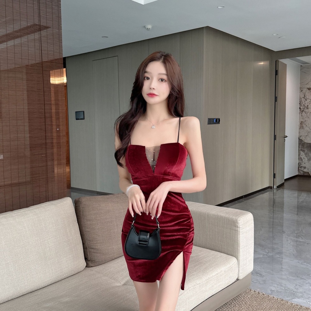 Slit sexy sling tight low-cut bottoming strap dress