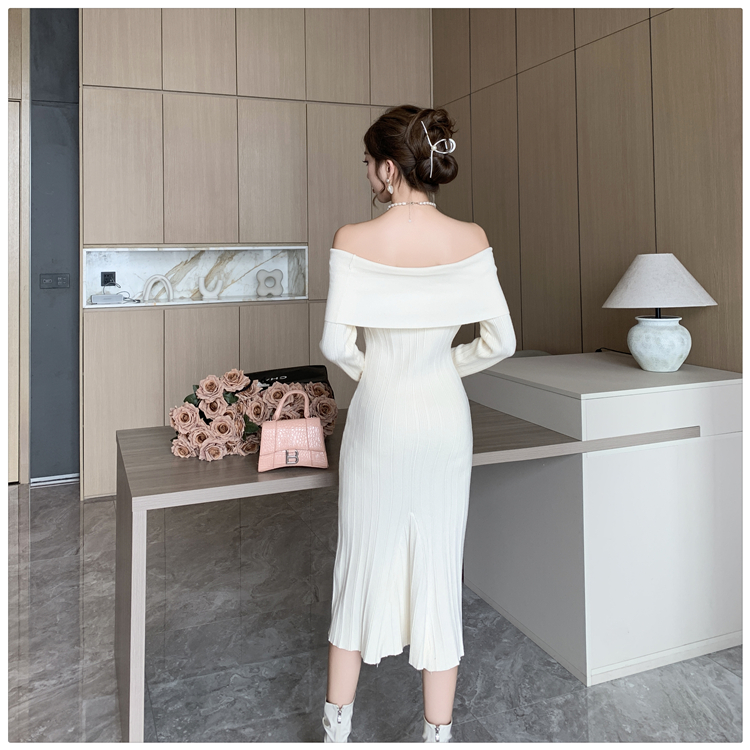 France style temperament knitted slim flat shoulder dress