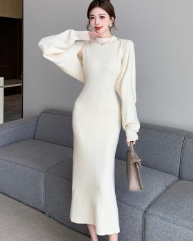 Elegant slim lazy knitted winter dress 2pcs set for women