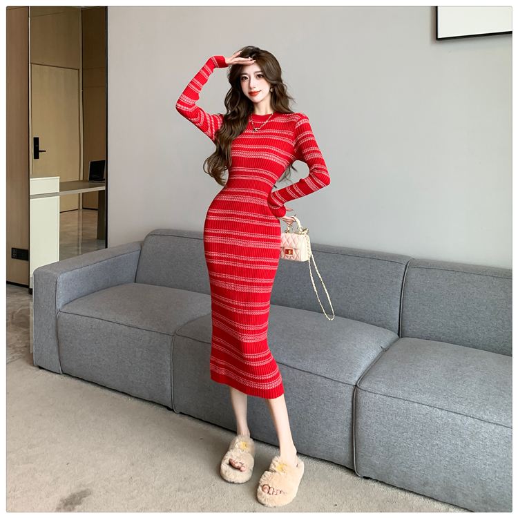 Package hip bottoming long dress stripe round neck dress