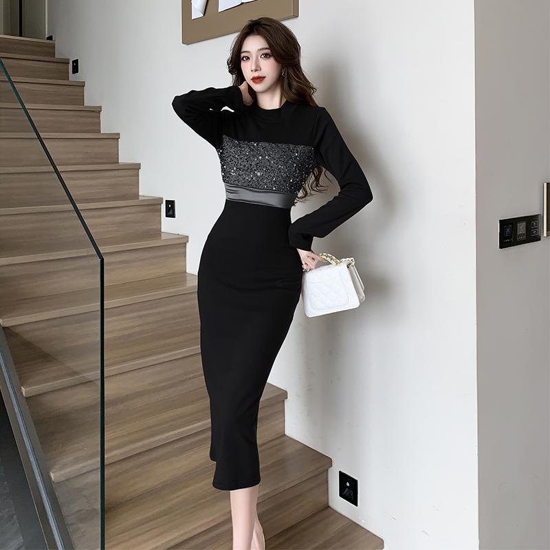 Autumn and winter black sueding thick dress for women