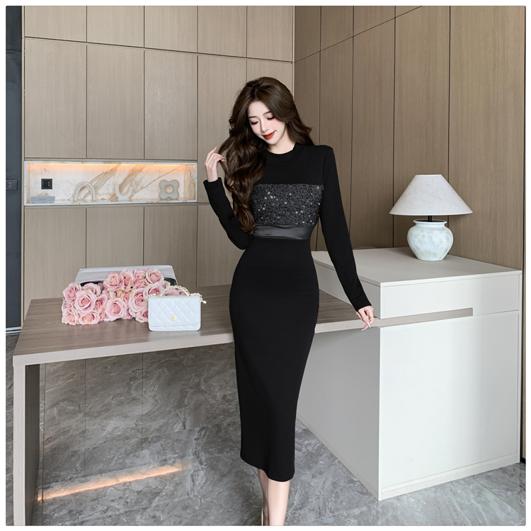 Autumn and winter black sueding thick dress for women
