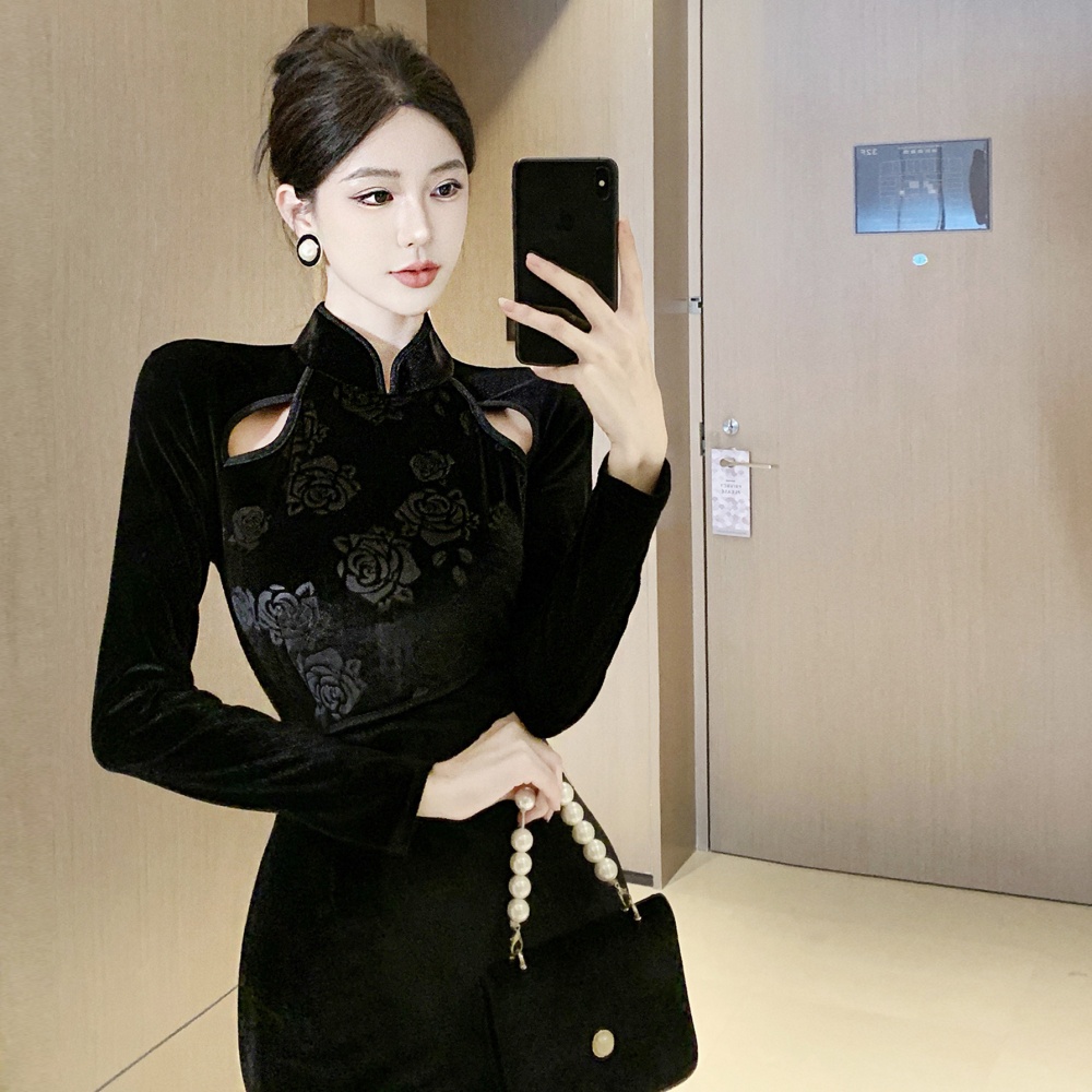 Package hip black simple fashion printing velvet tight dress