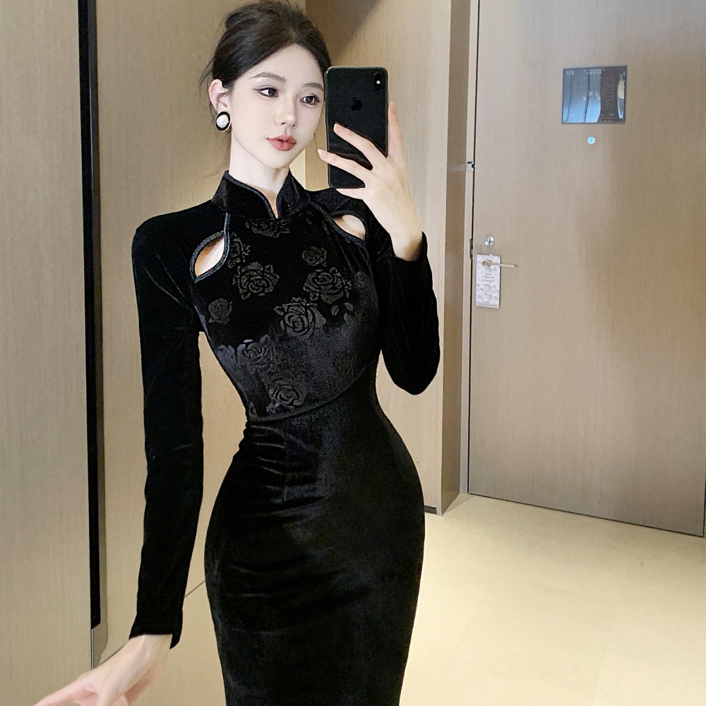 Package hip black simple fashion printing velvet tight dress