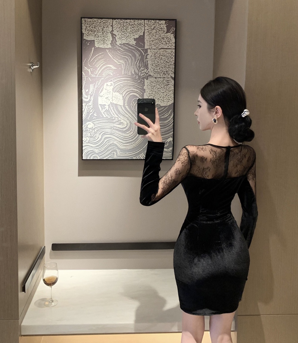 Velvet black simple lace tight autumn and winter dress