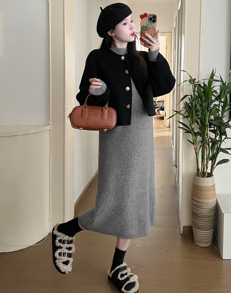 Korean style woolen coat sweater dress 2pcs set