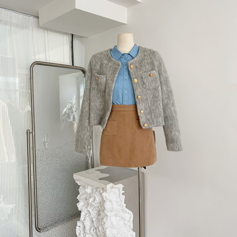 Blue short skirt clip cotton coat 2pcs set for women