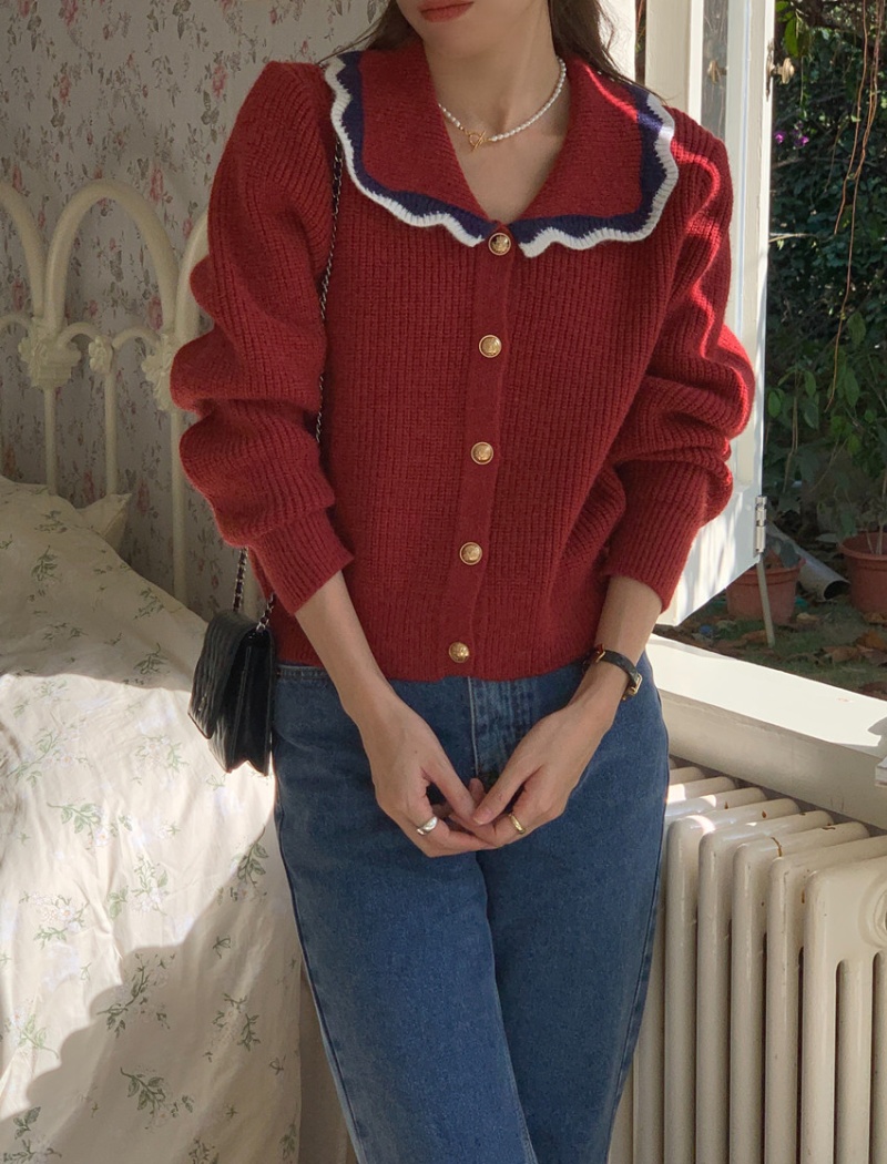 Knitted single-breasted sweater lace collar retro tops