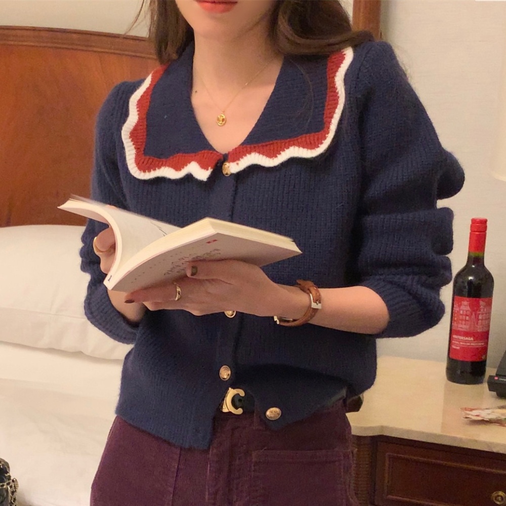 Knitted single-breasted sweater lace collar retro tops