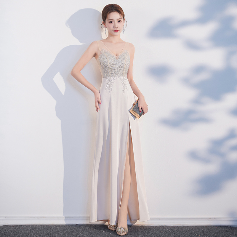 Slit lace formal dress perspective sexy evening dress