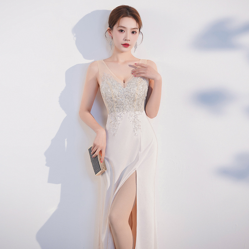 Slit lace formal dress perspective sexy evening dress