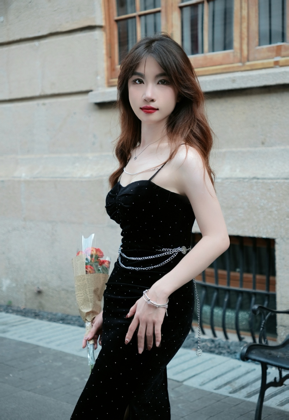Temperament spicegirl dress sling velvet formal dress