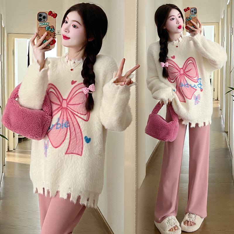 Fashion bow Korean style pants thick widen loose sweater 2pcs set
