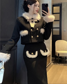 Thick woolen long skirt black mixed colors coat 2pcs set