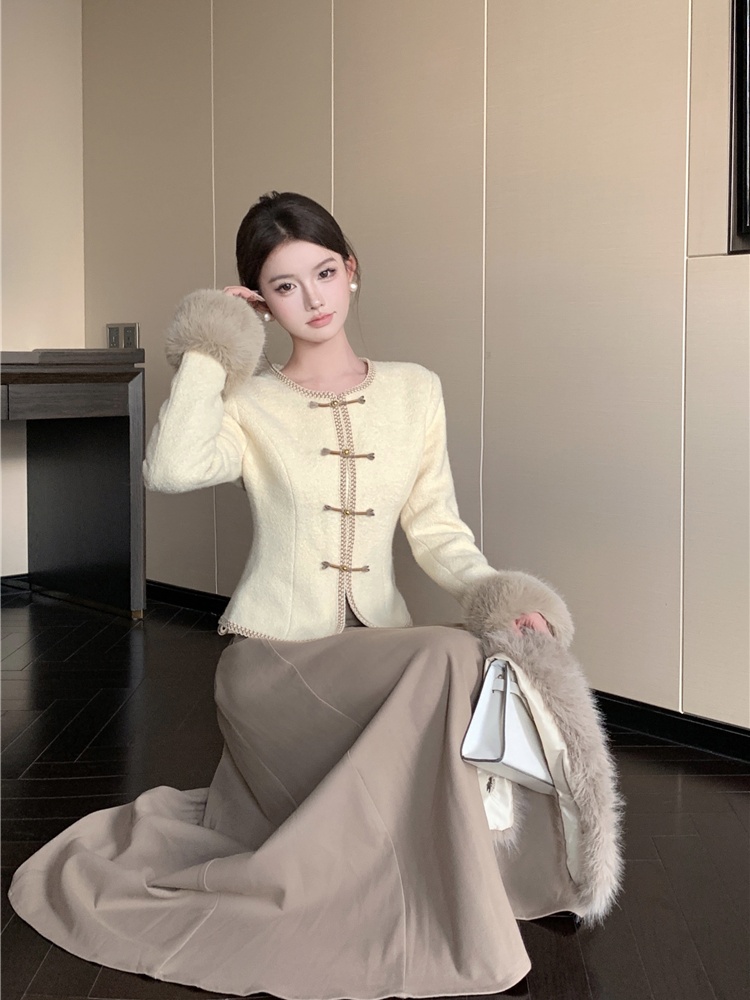Splice Chinese style skirt pinched waist coat 2pcs set