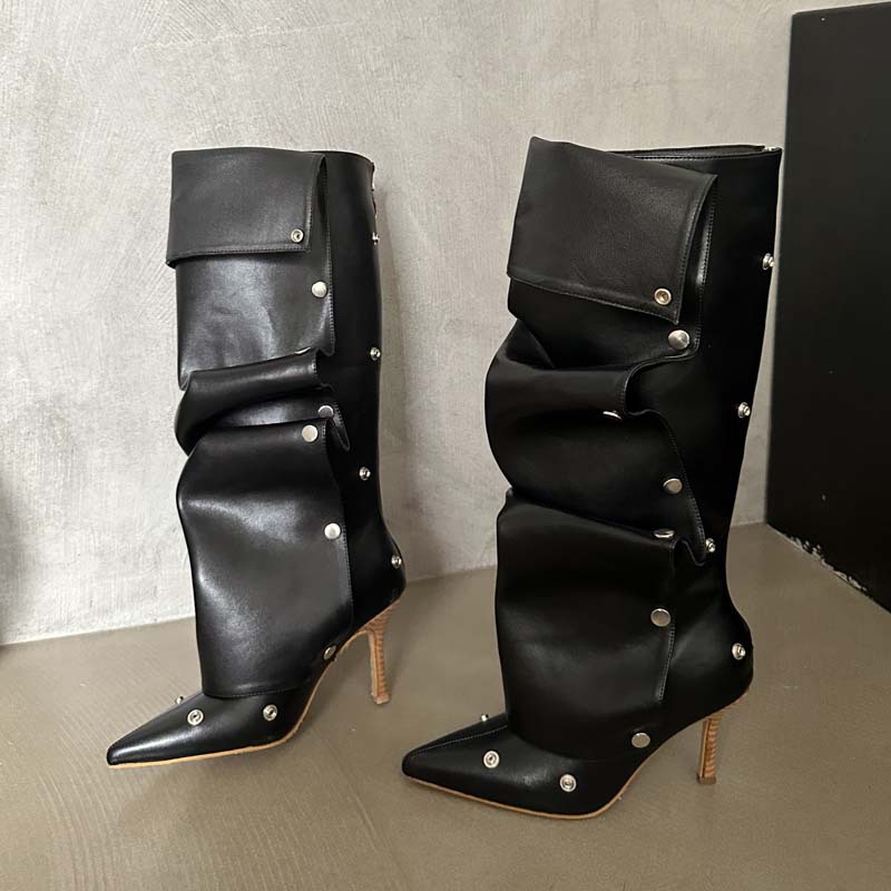 Hasp fashion stilettos fold pointed thigh boots for women