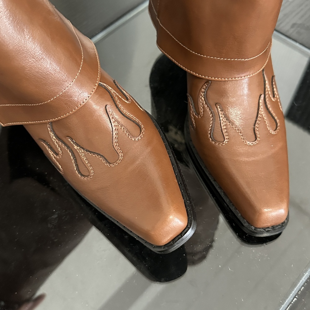 Belt buckle embroidery boots denim high-heeled thigh boots