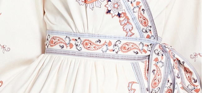 Printing long sleeve frenum V-neck long waist spring dress