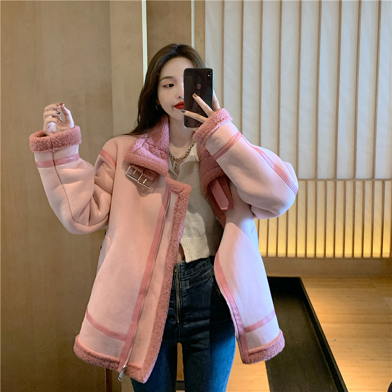 Western style high collar lambs wool tops pink hasp suede coat