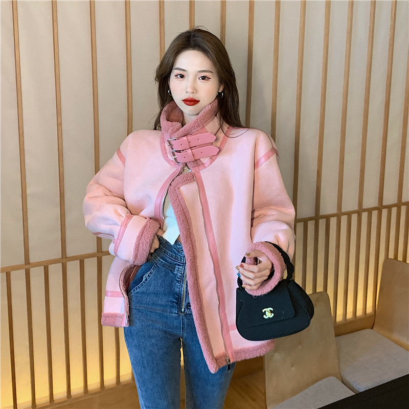 Western style high collar lambs wool tops pink hasp suede coat
