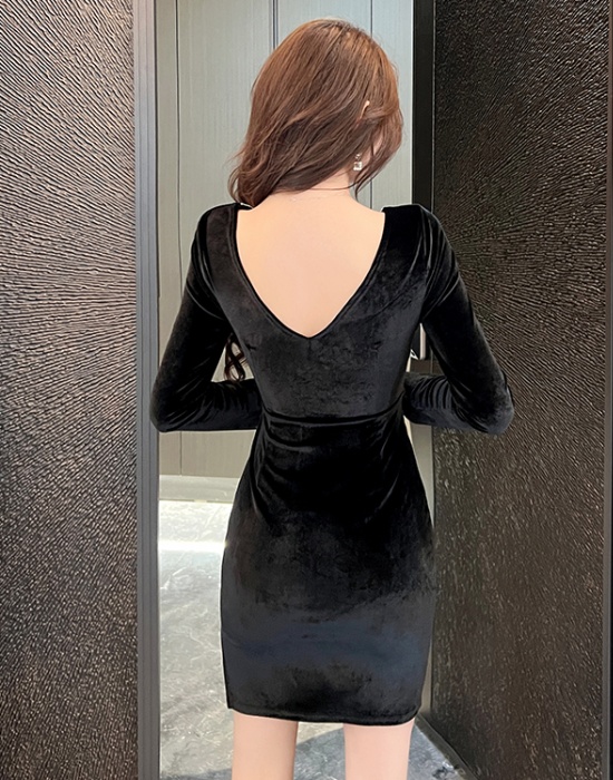 Long sleeve sexy T-back velvet dress for women