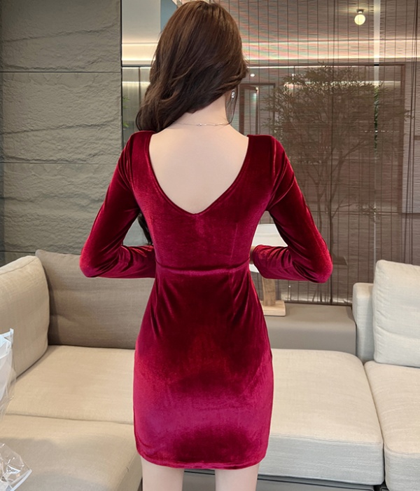 Long sleeve sexy T-back velvet dress for women