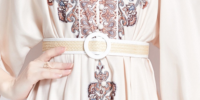 With belt beige short elegant temperament spring dress
