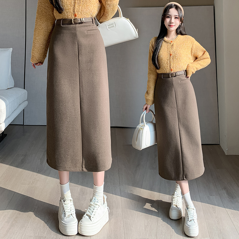 Woolen long short skirt straight skirt for women